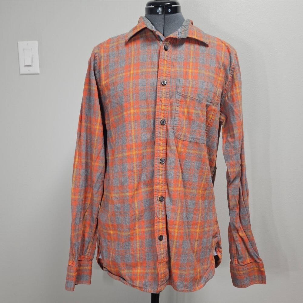 32 Bar Blues Orange Grey Plaid Flannel Button Up 100% Cotton Men's Medium